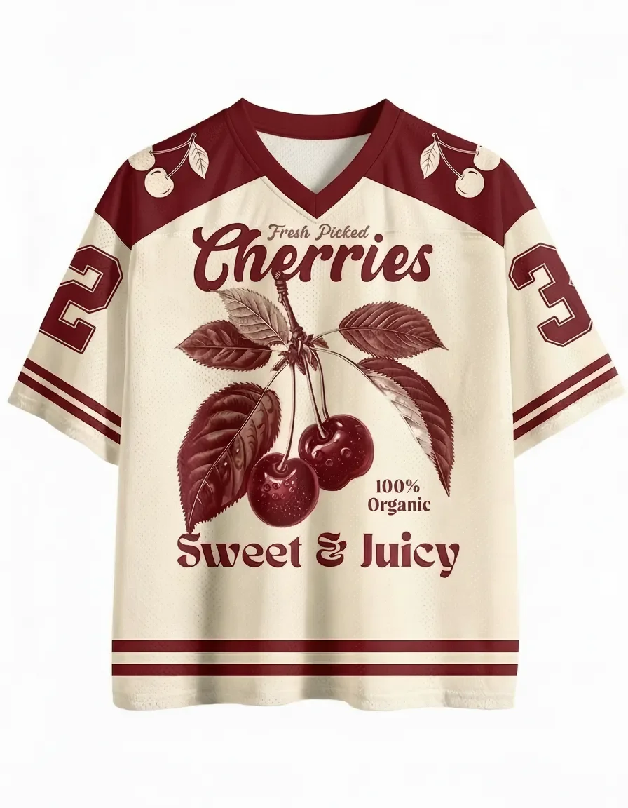 Men's and women's retro cherry print mesh breathable V-neck short sleeved sweet and juicy fruit number 32 pattern street T-shirt
