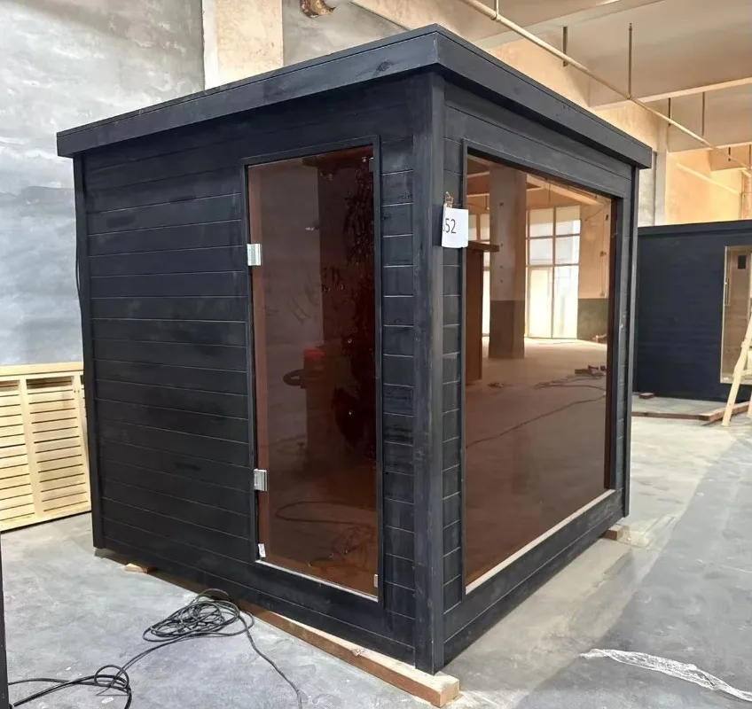 Modern Villas Outdoor Sauna Steam Room Black Canadian Red Cedar Wood Stove Electric Heating Design Custom