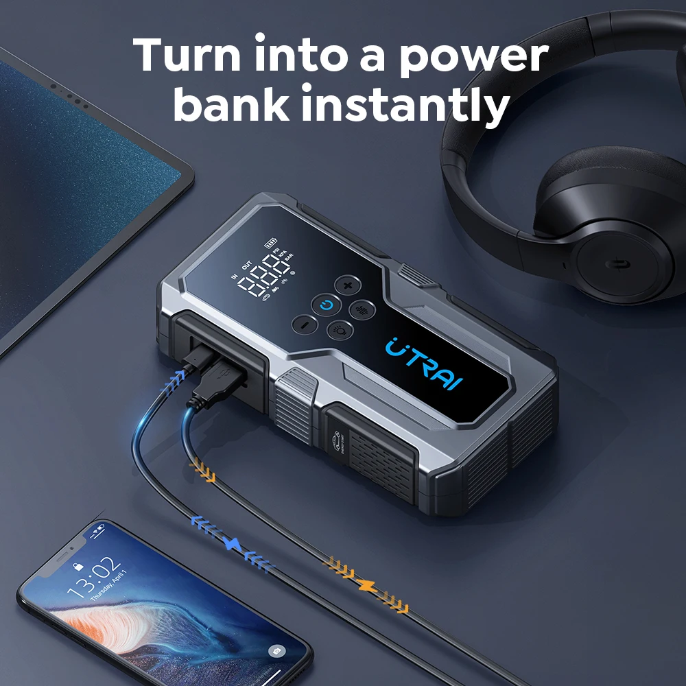 UTRAI 1500A Автомобильный стартер Power Bank Портативный воздушный насос 150PSI Автомобильный аккумулятор Аварийные усилители Пусковое устройство Автомобильный стартер 2024