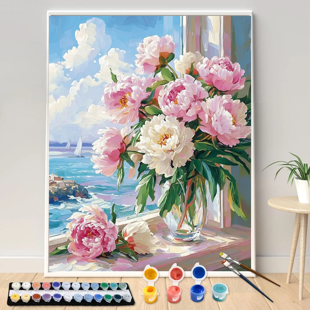 1 Stück rahmenloses digitales Acryl-Malset zum Selbermachen, Pfingstrose auf dem Fensterbrett, handgemalte Kunst auf Leinwand, handgemalte Heimdekoration, personalisiertes Geschenk