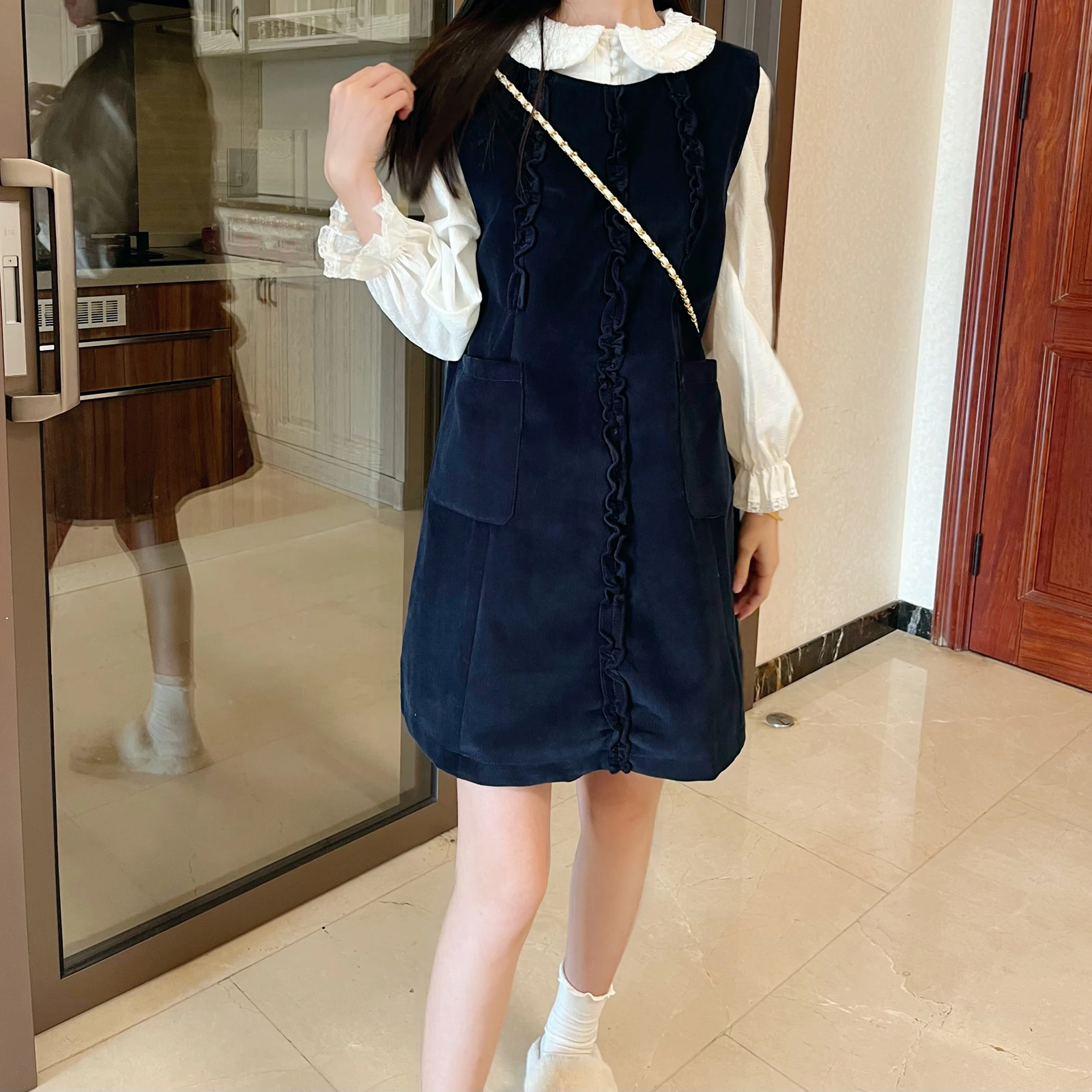 아일린 빈티지 베스트 스커트 숏 플래드 루즈 스윗 유스풀 드레스 코듀로이 작은 체형 여성용 레트로 스타일 라운드넥 드레스