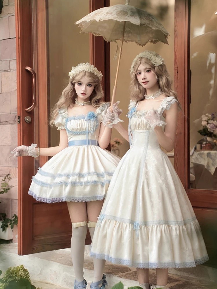 الأصلي الفرنسية نمط المحكمة الرجعية أنيقة الشاي حفلة لوليتا فستان طويل Jsk فتاة المرأة الحلو عالية الخصر سليم فستان قصير الأكمام #3