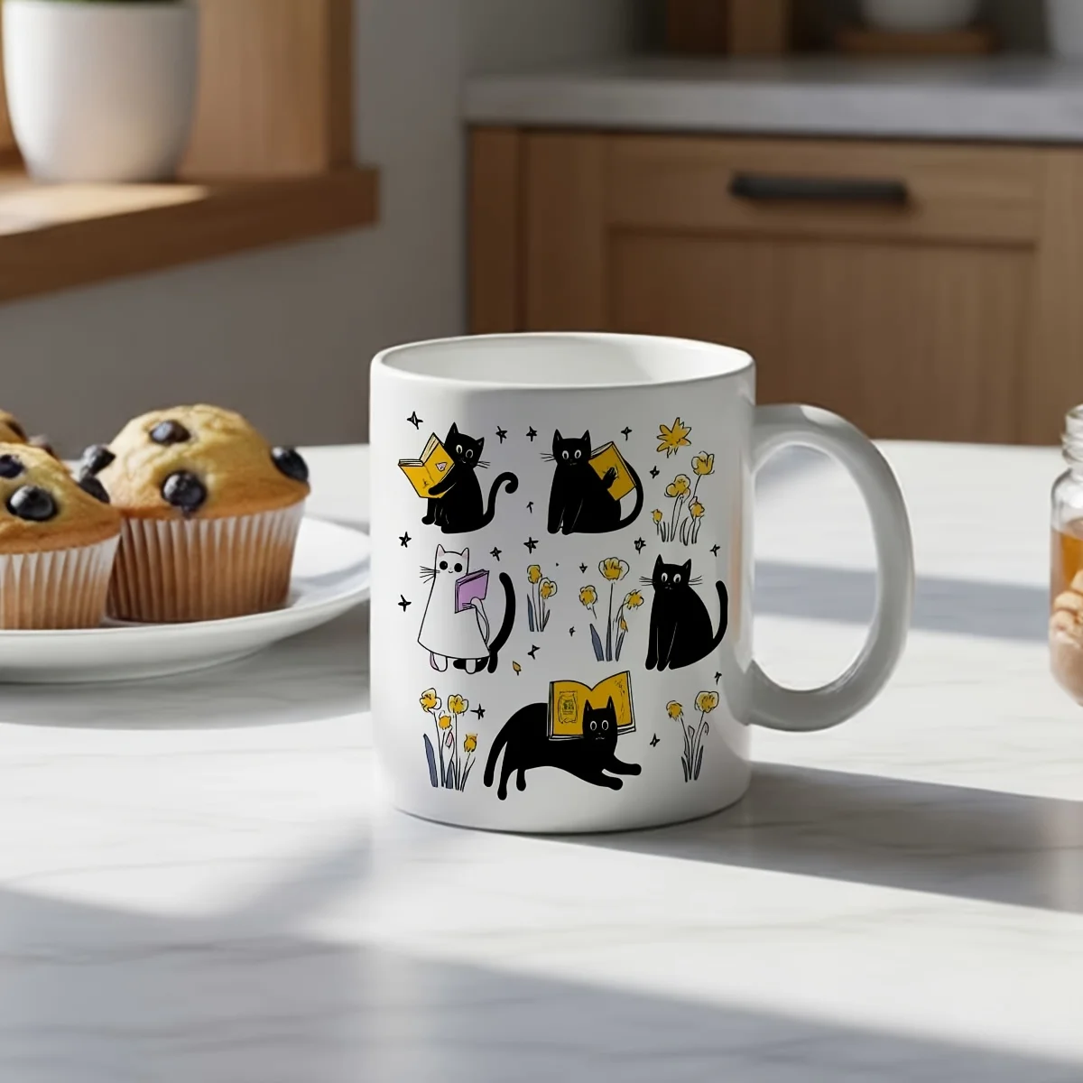 Cute Hand Painted Cat Mug Reading Cat Floral Pattern Ceramic Coffee Tea Cup Birthday Mother Gift Office Cat Lover