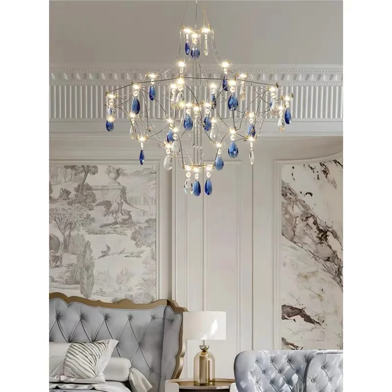 French Luxury Blue Crystal Led Pendant Lights Romantic Art Living Dining Room Chandeliers Lighting Bedroom Decor Hanging Lamps