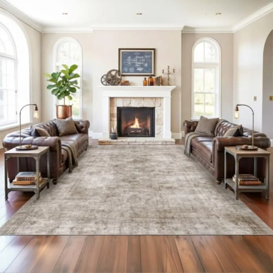 

Washable 8x10 area rug for living room, bedroom, dining room vintage faux wool, brown, non-slip and foldable indoor carpet for
