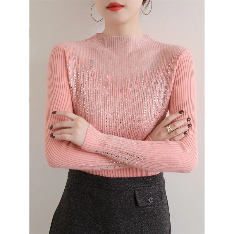 Maglione Hot Diamond Maglione a maniche lunghe cavo da donna Versatile camicia dimagrante con giunture in pizzo