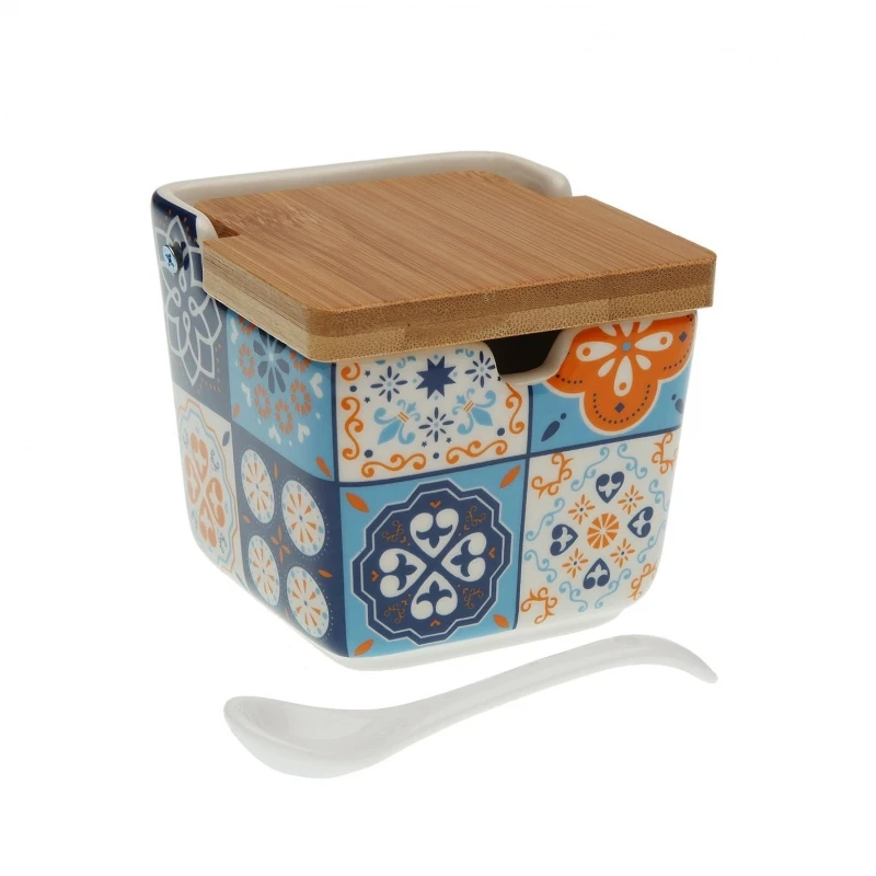 Ceramic kitchen sugar Salt and sugar salt with wooden lid original designs 498762 blue-orange Bicolor mosaic