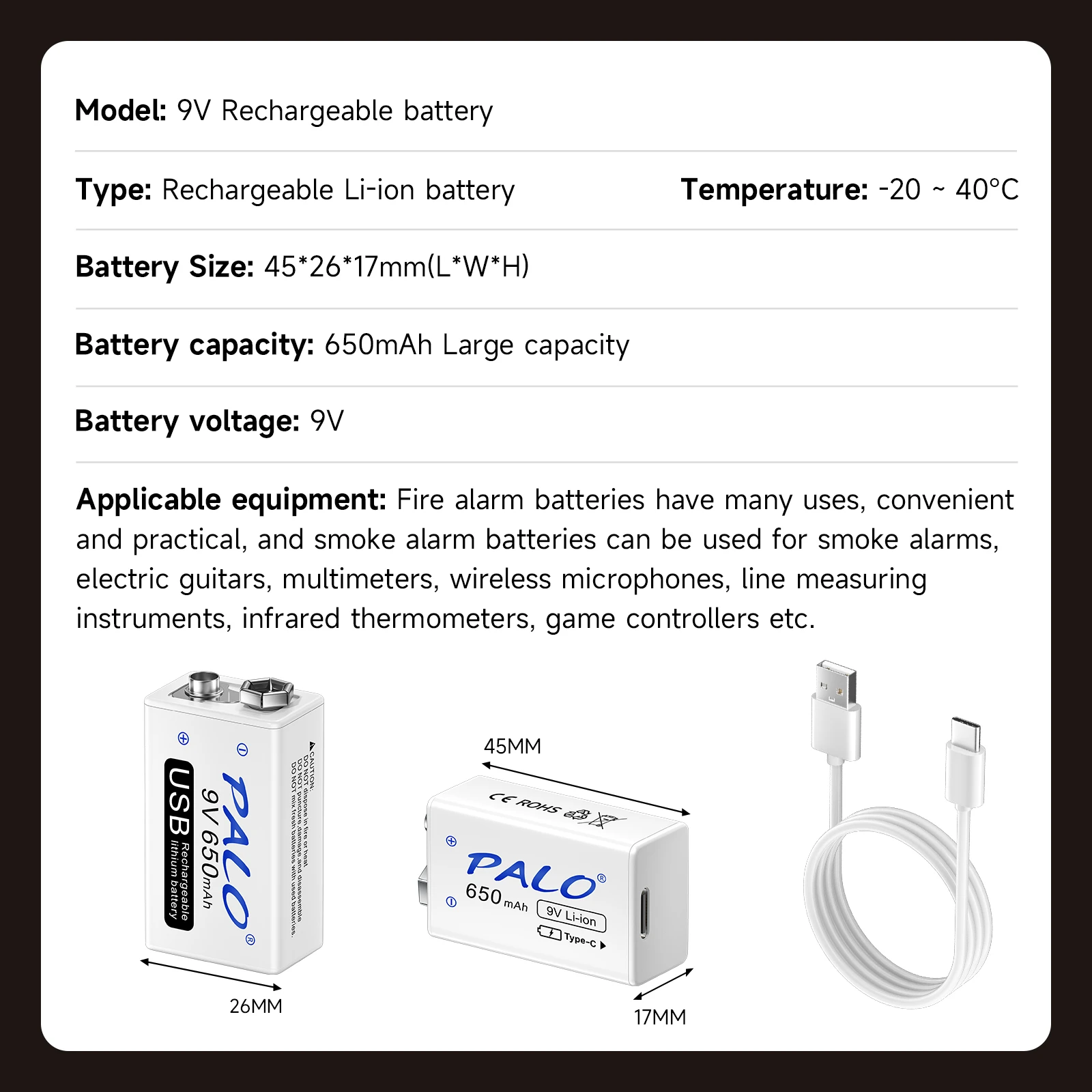 Akumulator litowo-jonowy PALO 650mAh 9V, bateria litowa 9V do multimetru, mikrofonu, zabawek, pilota, KTV — zdjęcie produktu 2