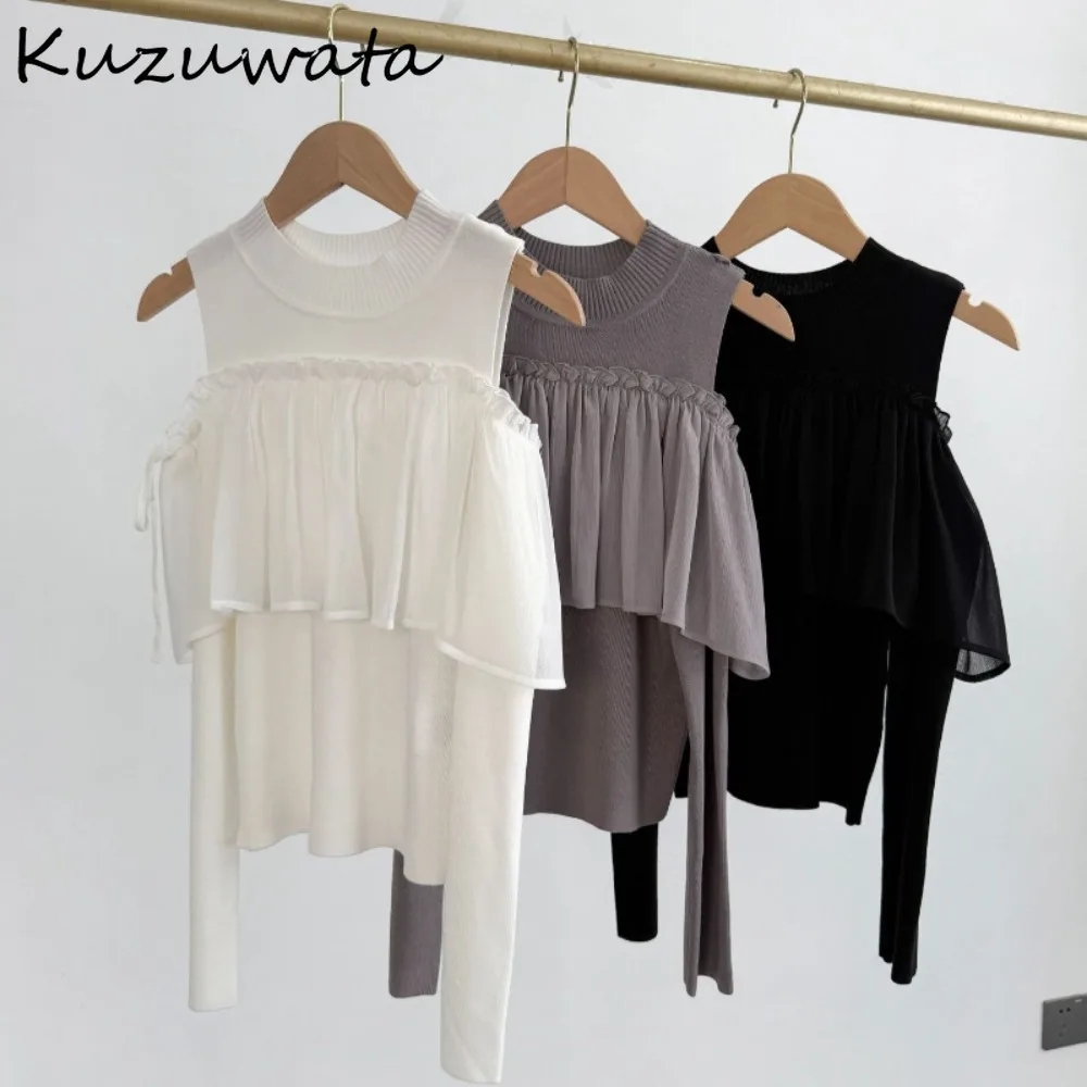 

Kuzuwata O Neck Fresh Sweet Ruffled Pullovers Off Shoulder Slim Knit Patchwork Fungus Knitted Japan Lace Up Gentle Minority Tops