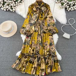 Women Casual A-Line Vintage Floral Long Dress Autumn Elegant Chic Party Boho Maxi Dresses Beach Holiday Female Vestidos New