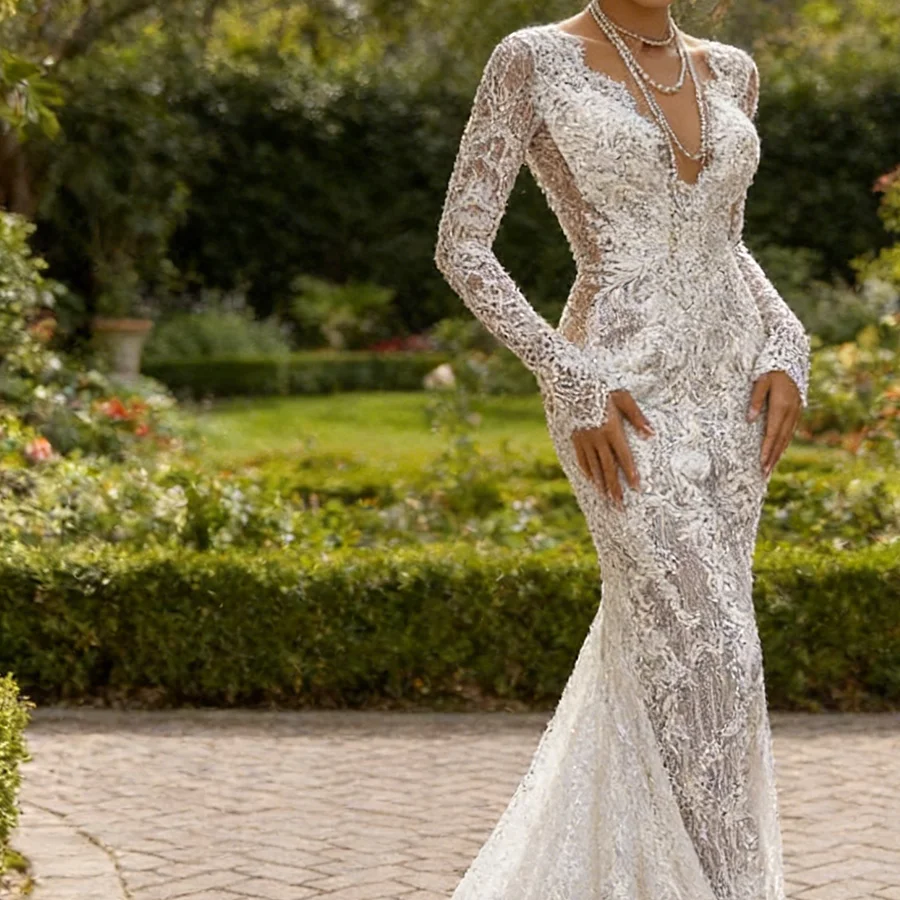 

Элегантные свадебные платья-русалка с V-образным вырезом, без рукавов, с длинными рукавами, на заказ