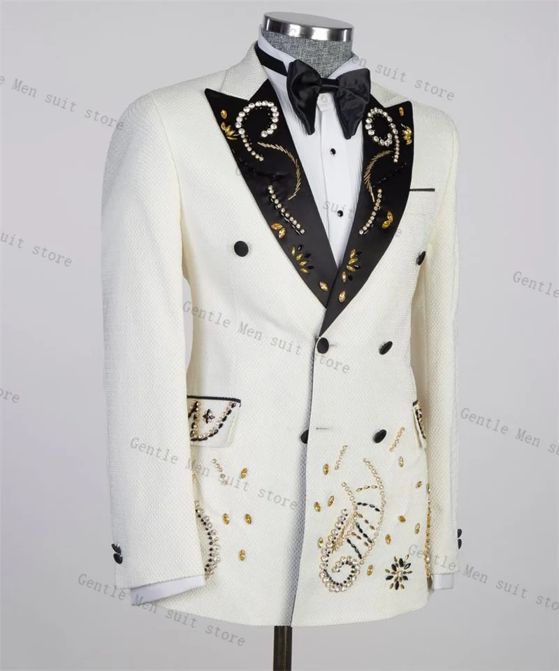 

White Men Suit Set 2 Pcs Blazer+Pants Trousers Luxury Crystals Wedding Tuxedo Formal Office Jacket Prom Groom Coat Customized
