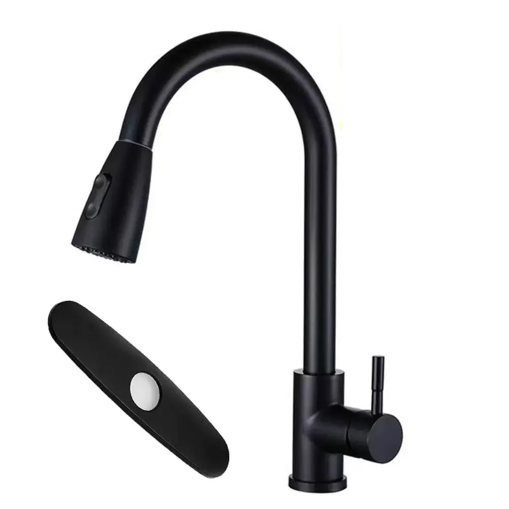 Stainless Steel Kitchen Faucet with Pull Out Sprayer 60cm Flexible Hose Dual Stream Spray Function Silver Black