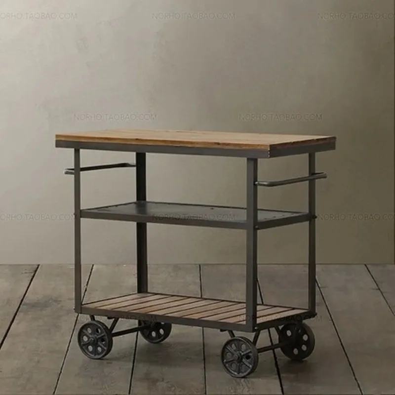 Loft American retro wrought iron solid wood rack trolley hotel bar drink cart coffee lounge dining car