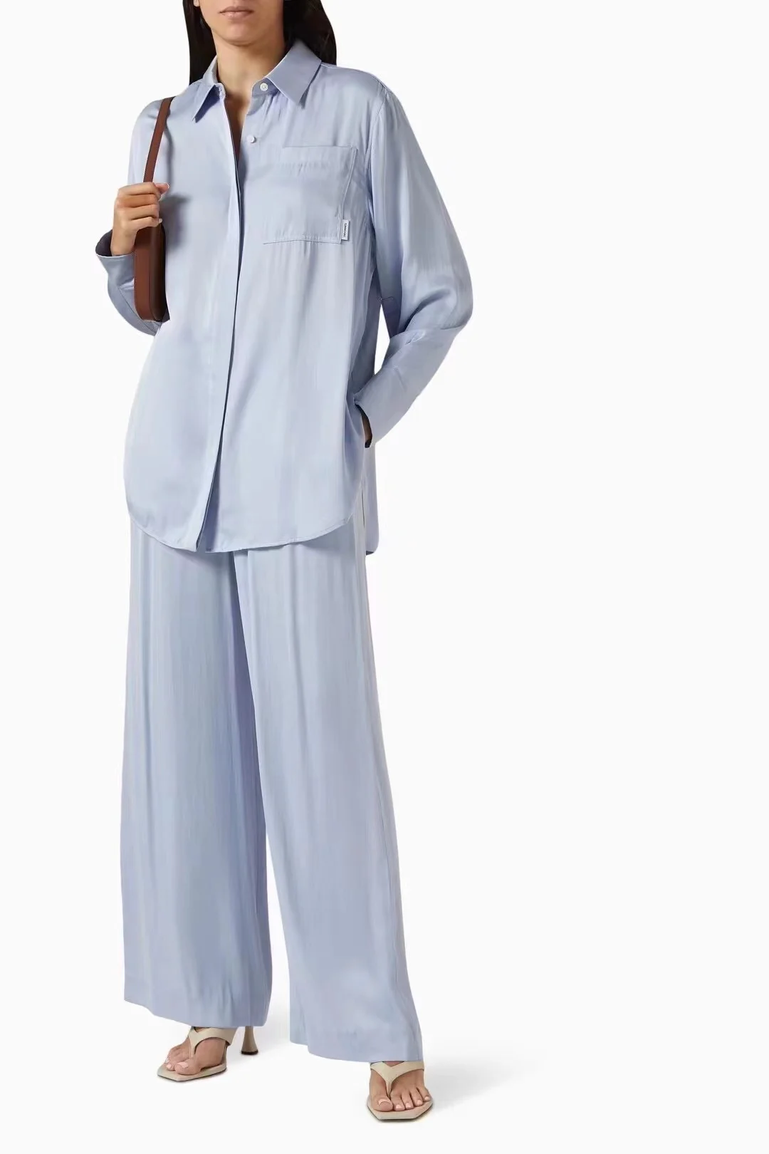 

Women Turn-down Collar Single Breasted Oversized Rayon Blouse + Wide Leg Pants