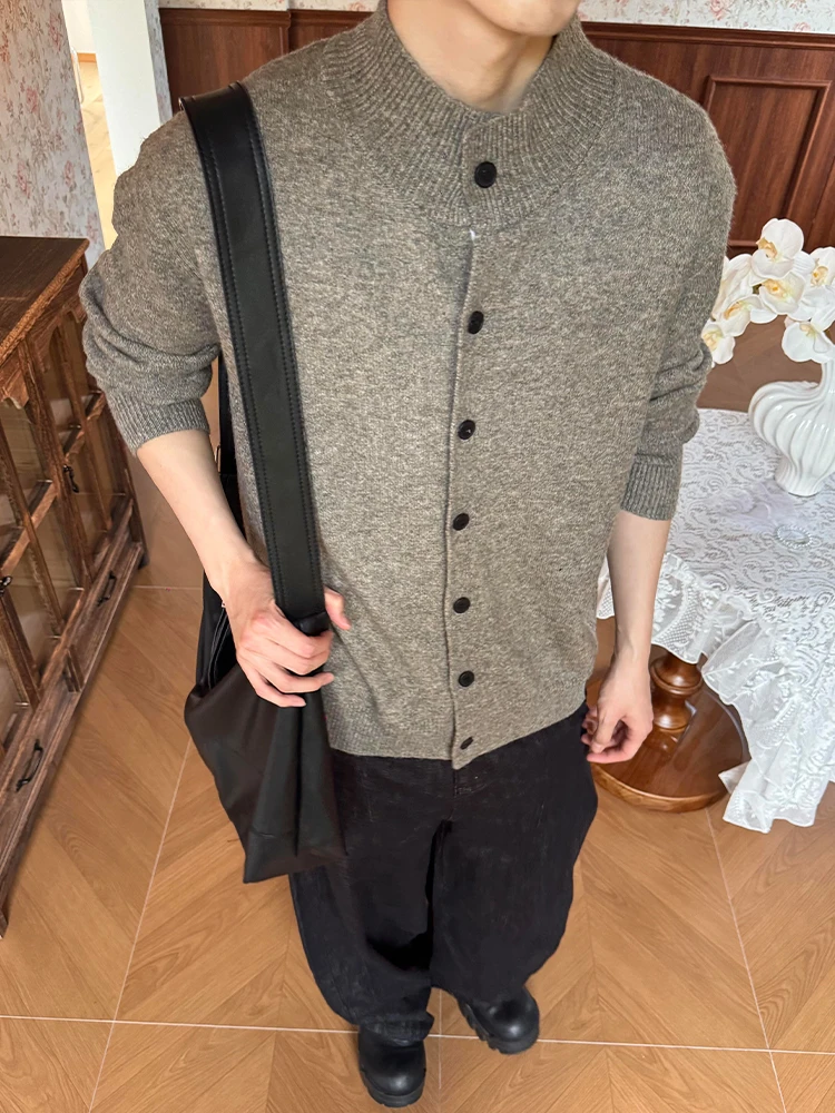 

Semi-High Collar Open Cardigan Sweater Men's Sle Lazy American Retro Knitted Outerwear Soft Polyester Fiber Long Sve