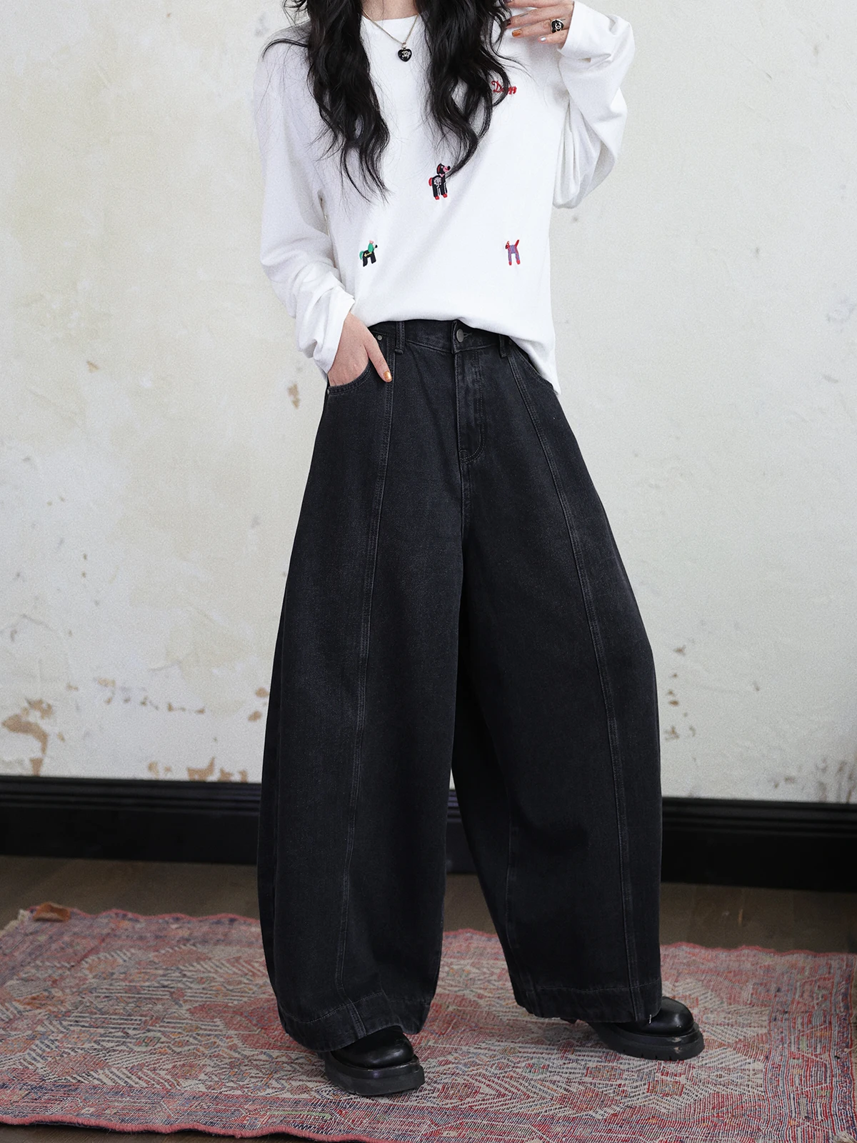 

DR Versatile Retro Waed Bla Fce Lined Loose Knife Denim Pants Balloon Pants Women Winter Thin Fce High Waist C...