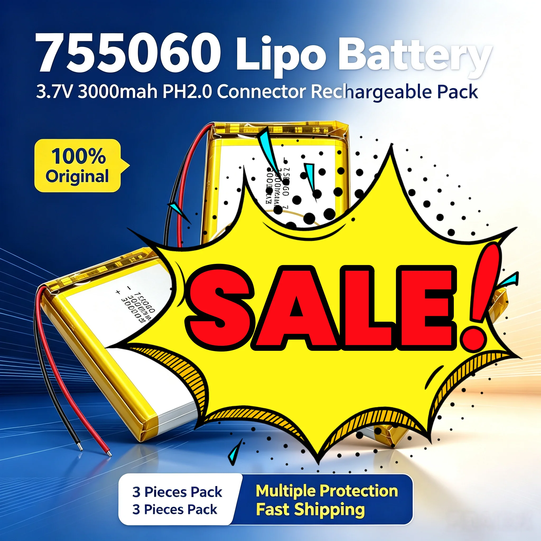 #755060 Li-Polymer Battery 3.7V 3000mAh Rechargeable Batteries for Mobile Power Toys Tablet PCs Laptops Beauty Instruments