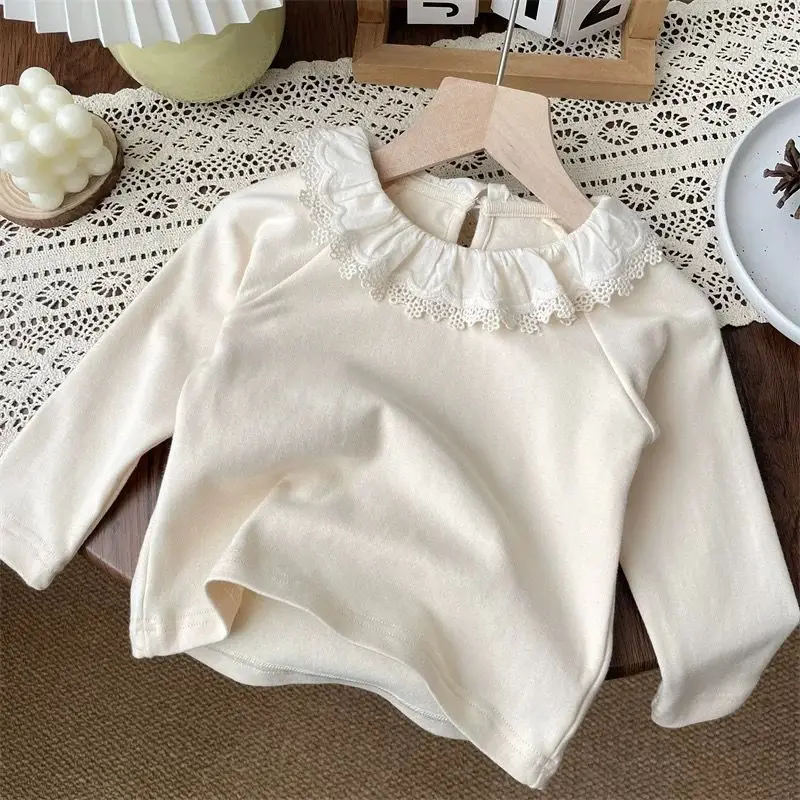Spring and Autumn Girls' T-Shirt Baby Foreign Style Children's Korean Lace Flower Lotus Leaf Collar Bottom Shirt Top