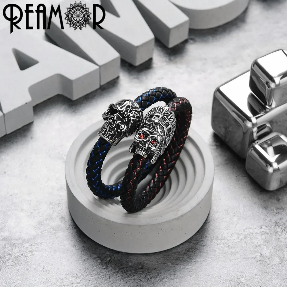 REAMOR 316l Stainless Steel Indian Chief Magnet Buckle Red CZ Eye Skull Magnetic Clasps DIY Leather Bracelets Jewelry Findings