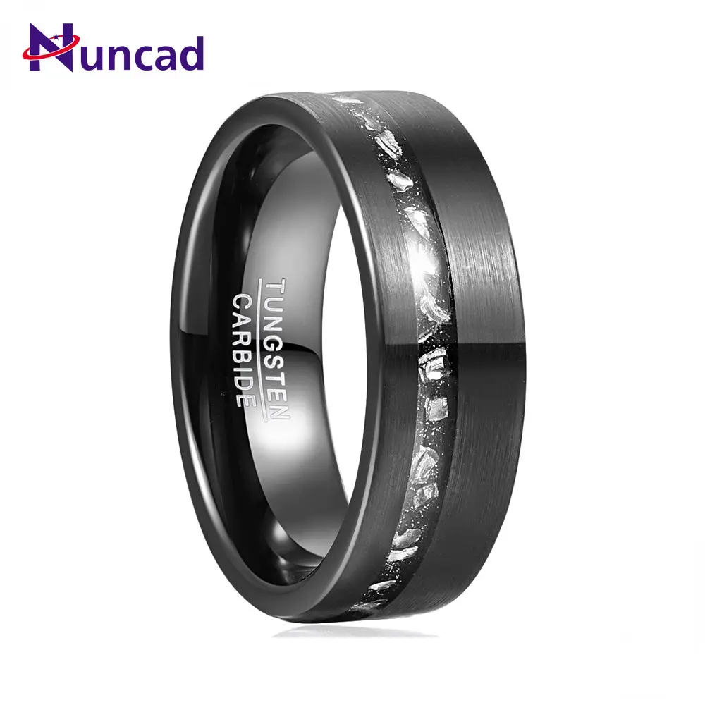 NUNCAD 8mm Tungsten Carbide Ring Black Brushed Ring Gibeon Meteorite Fragments Men's Fashion Wedding Jewelry Best Gift