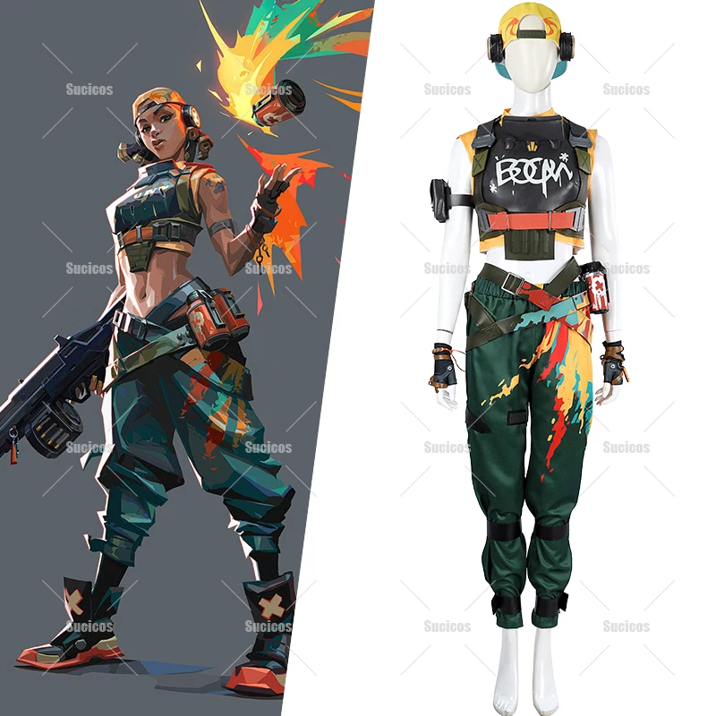 أزياء Valorant Raze التأثيرية للنساء، سراويل علوية، إكسسوارات قبعة، مجموعة كاملة من ملابس حفلات الهالوين الكرنفالية #1