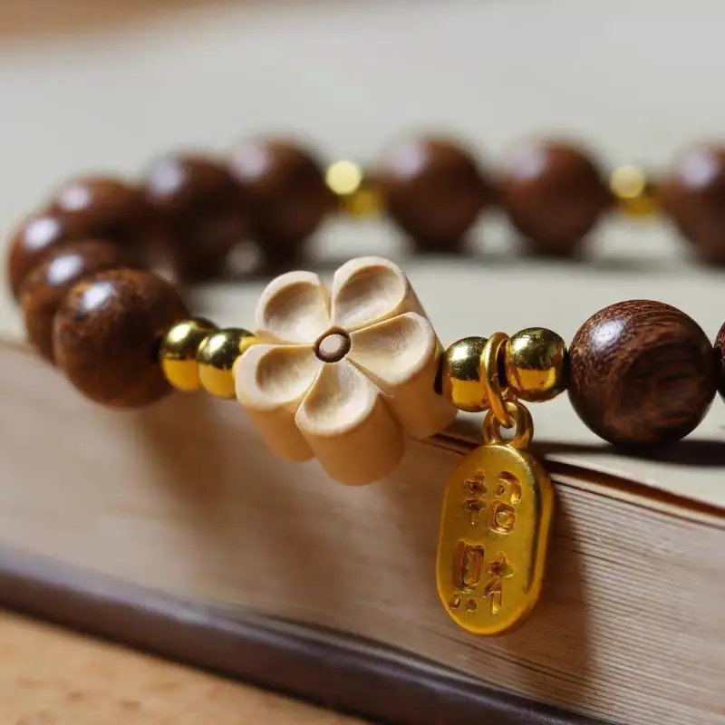 Golden Silk Sandalwood with Peach Blossom Bracelet Wooden Buddha Rosary Beaded Single Circle Women's Hand String Mori Student's