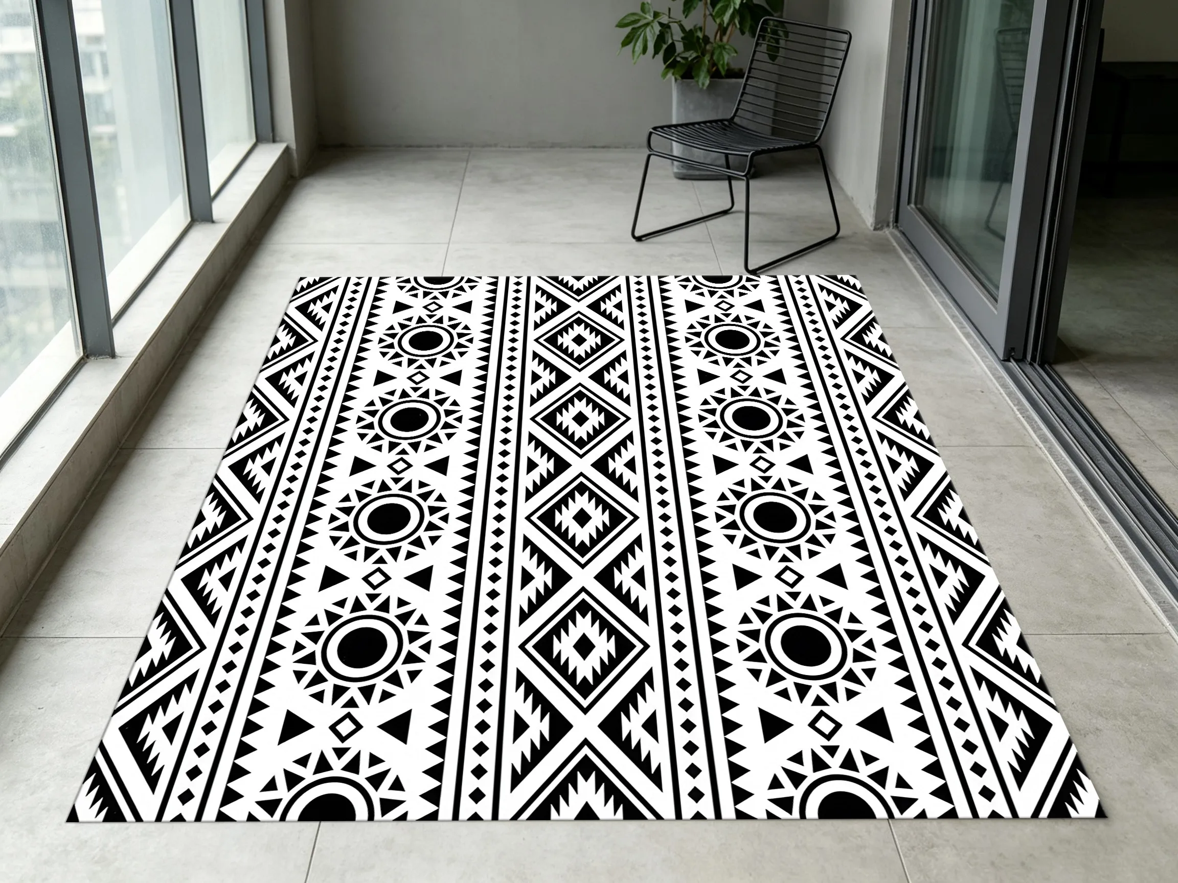 Black White Geometric Totem Rug, Retro Ethnic Carpet for Living Room Bedroom, Home Decor
