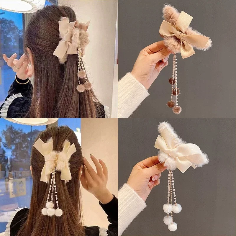 

Plush Hair Clip for Women - Autumn/Winter Large Size Bow with Tassel at the Back Shark Clip Hair Accessory Fluffy Hair Clip