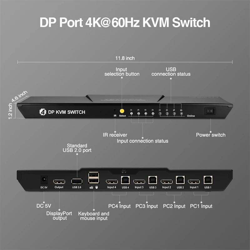 TESmart KVM Switch DisplayPort - 4 Port DP KVM Switch Support Ultra HD 4K@60Hz 4 DP and 4 USB Cable Included