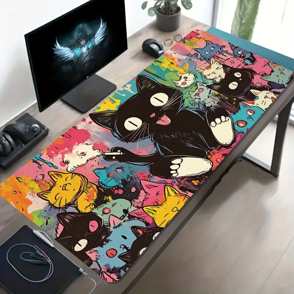 

Colorful Pop Art Black Cat Extended Desk Mat, Cute Cartoon Cats Gaming Mouse Pad, Non-Slip Large Mousepad for Office Decor