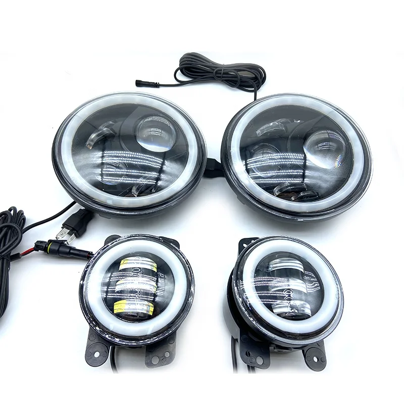 ADT APP Control Chasing Halo Rings Multi-Color DRL Angel Eye JK 7inch RGB Front LED Headlights + 4inch RGB Fog Lights