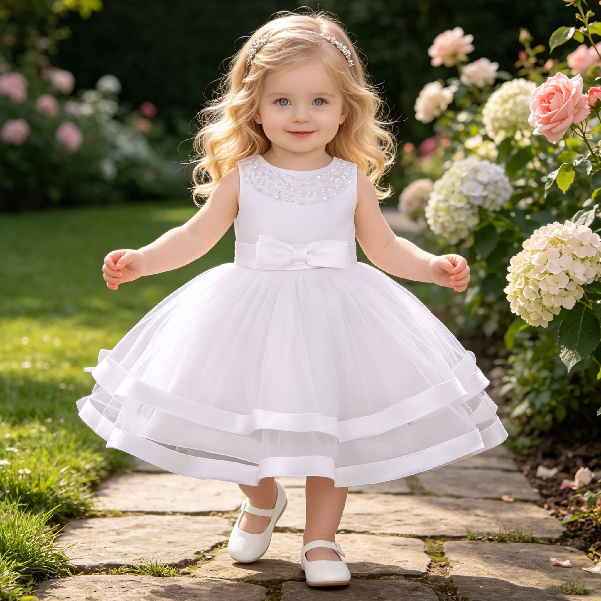 Kleinkind Taufkleid mit Schleife für Mädchen Elegantes Tüll-Partykleid zum 1. Geburtstag Hochzeit Abendkleid Prinzessinnenkleid Mädchen Taufkostüm