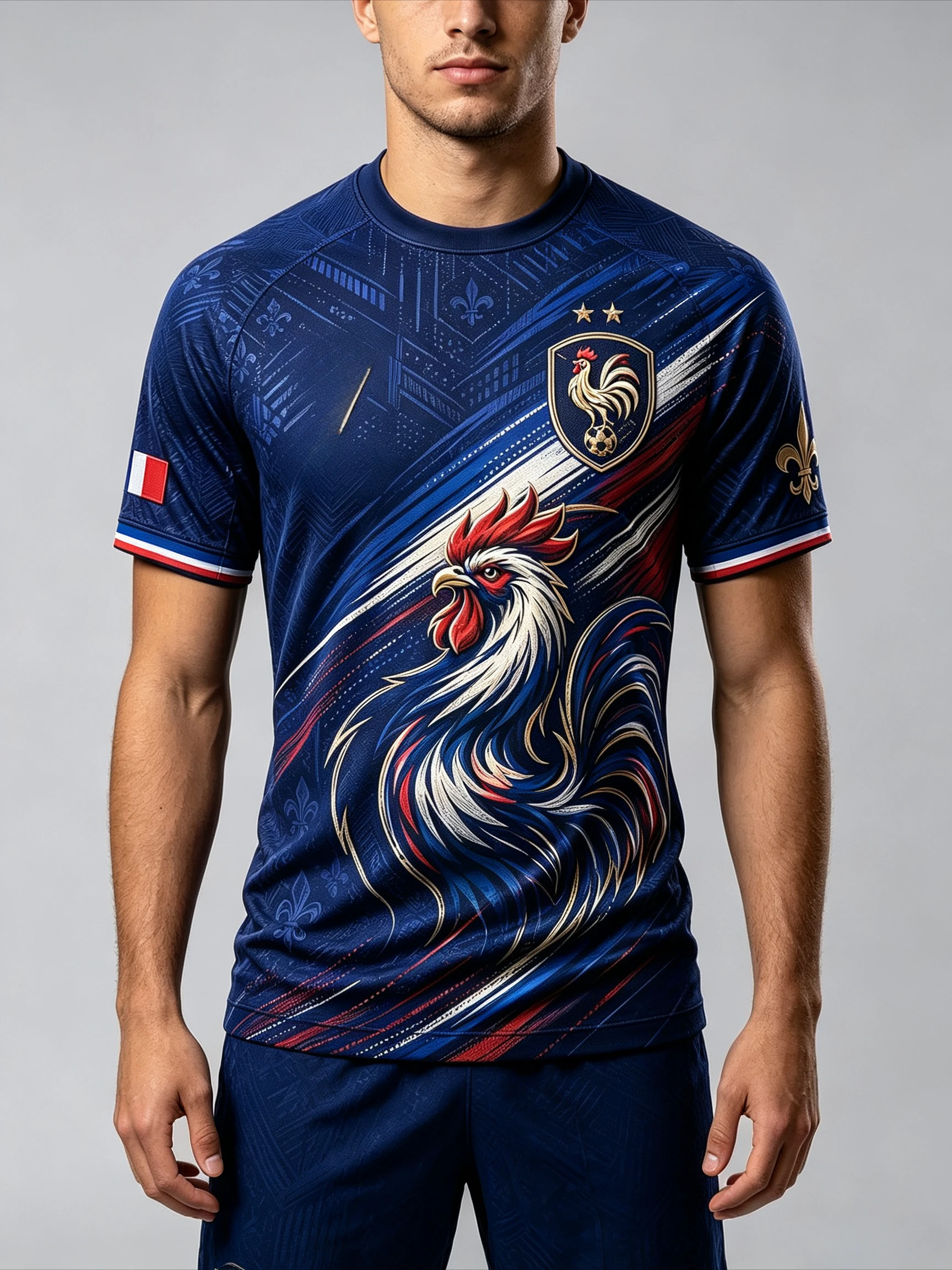 Striped brushstroke Gaulish rooster print. French texture dark pattern luxury football jersey suitable for the pitch.