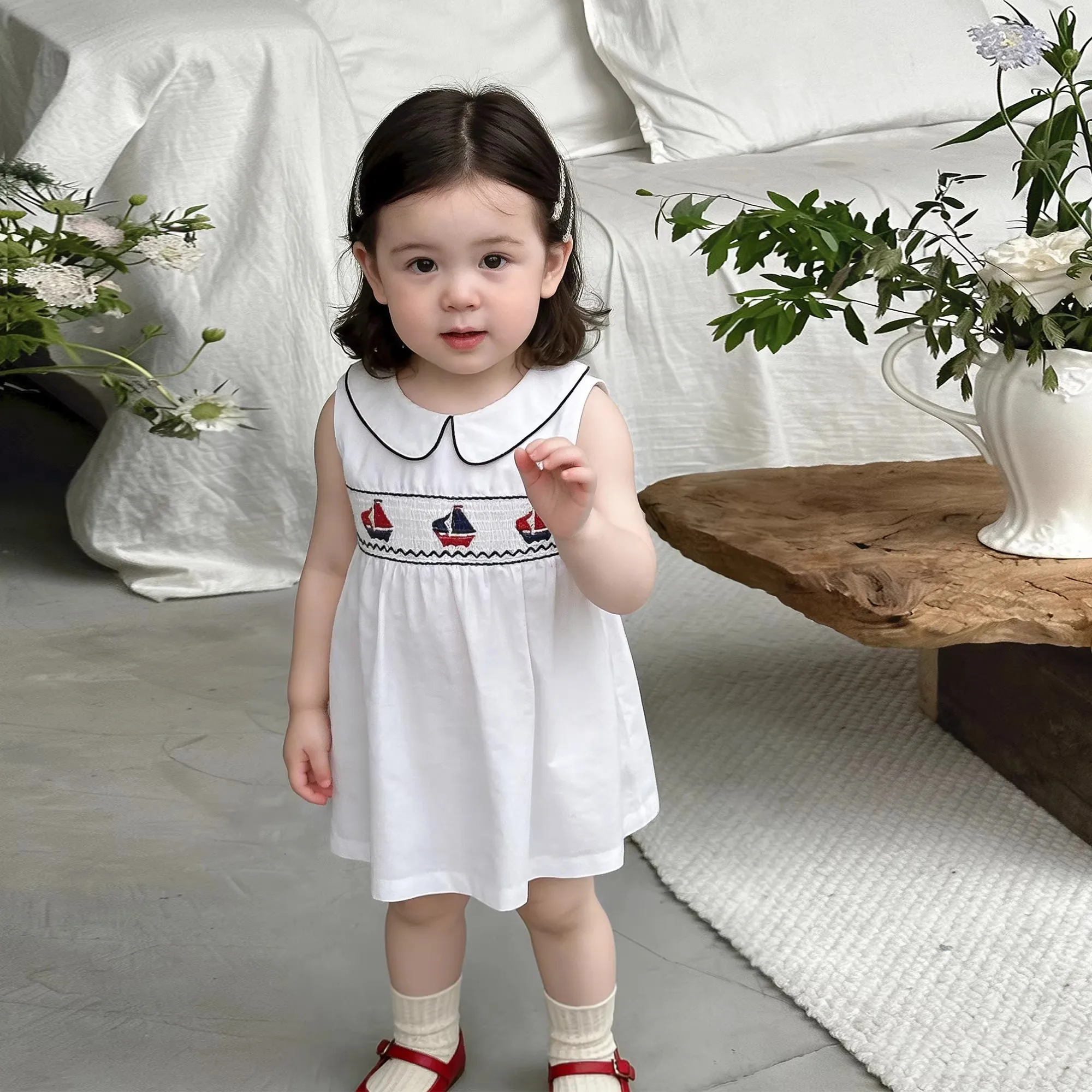 

Little Girl Princess Dress Toddler Girls Sleeveless Smock Dresses Embroidery Summer 2024 New Children Cotton One Piece Clothing