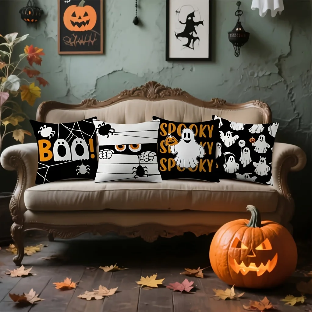 4pc Halloween Spooky Ghost Throw Pillow Covers Boo Mummy Spider Holiday Sofa Cushion Cases for Home Decor