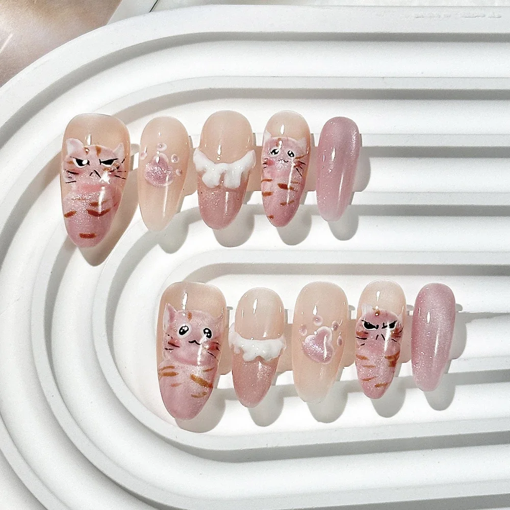 귀여운 패션 반짝 이는 고양이 눈 수제 분리형 가짜 손톱 아크릴 손톱에 고품질 손으로 그린 ​​꽃 진주 프레스