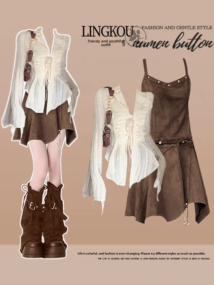 

Весенний женский комплект из двух предметов, большой размер, дизайн Sense irt, ретро, утягивающий ремень Dr Desert Sle Ensemble Long Sve V-Ne