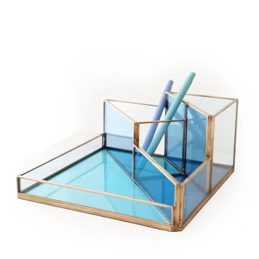 

Золотисто-синий стеклянный органайзер для стола - элегантный офисный декор, эстетичный держатель для кистей для макияжа и органайзер для косметики, подставка для ручек и карандашей