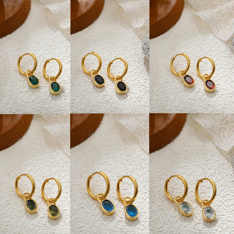 

Multicolour Oval CZ Zircon Drop Earrings for Women Gold Plated Stainless Steel Hoop Huggie Earring Trendy Party Jewelry