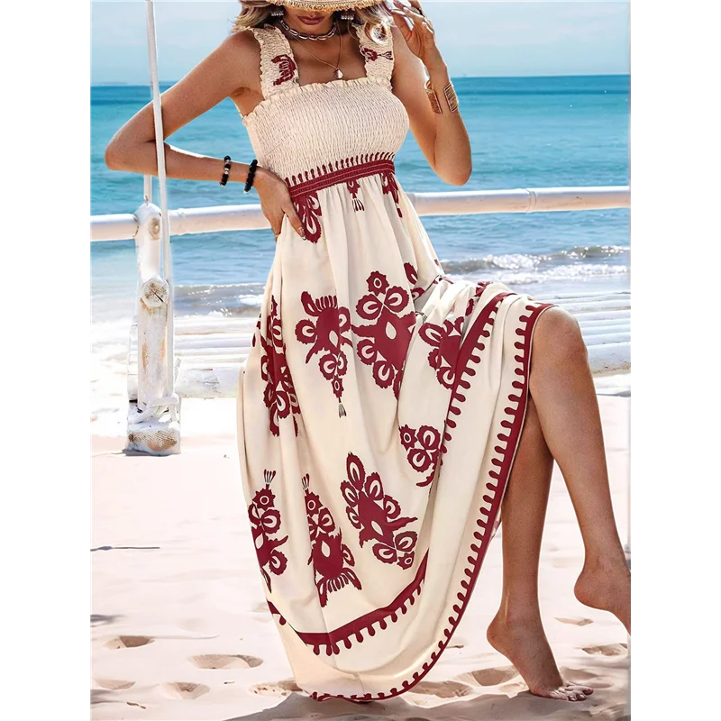 【Party-Decoration】Womens Square Neck Boho Maxi Dress Casual Long Spring Summer Dresses Sundresses For Women Beach Vacation 2025