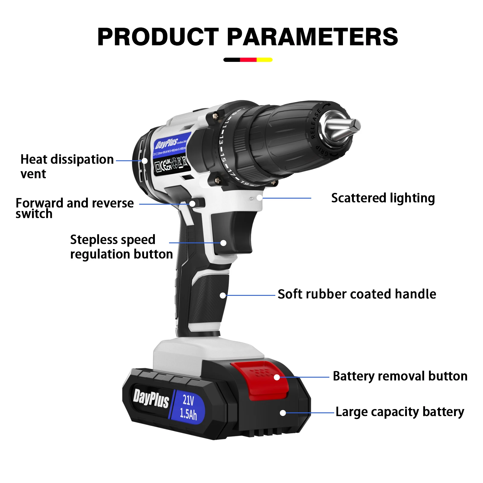 BRIEFNESS 21V Portable Cordless Power Drill Set Electric Cordless Screwdriver 45Nm 1500mAh Battery 2 Speeds 29CS Accessories