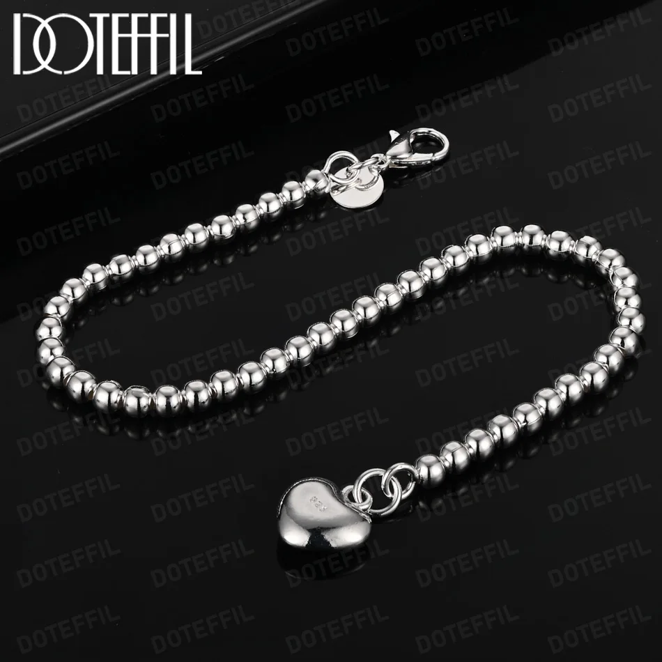 

DOTEFFIL Solid Small Heart Pendant Bracelet Bead Ball Chain 925 Sterling Silver For Women Wedding Charm Fashion Jewelry