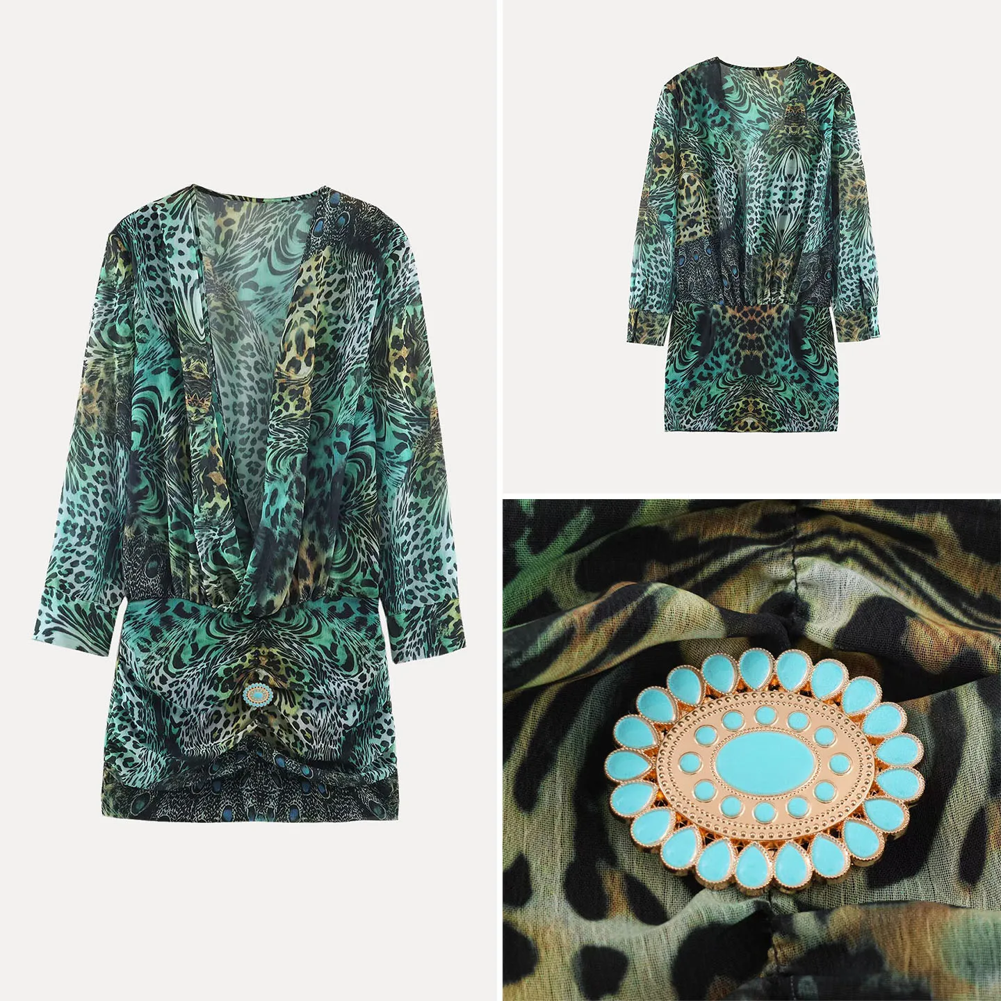Slimming Floral Print Long Sleeve Deep V Neck Leopard Pattern Dress Casual Style Women's Fashion Autumn Collection Zadata Brand