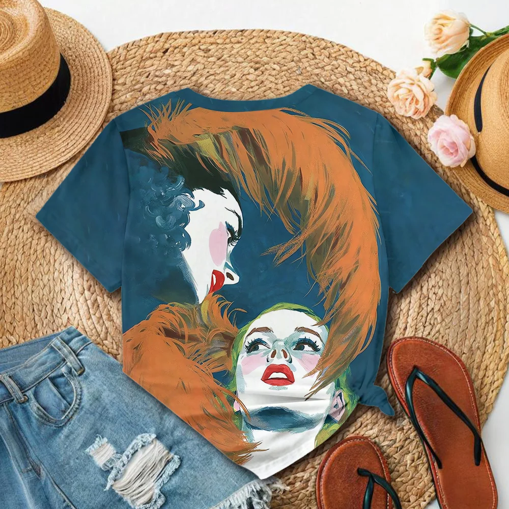 Camiseta con estampado de retrato femenino artístico azul naranja para mujer - Estilo artístico de ensueño informal de verano de manga corta