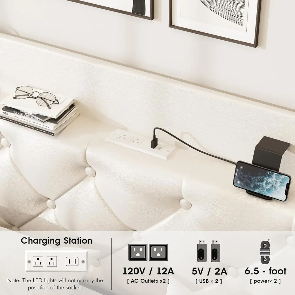 إطار سرير عائم بحجم كينج مع أضواء LED، سرير منجد بمنصة من جلد البولي يوريثان مع محطة شحن ولوح رأسي معنقدة بزر