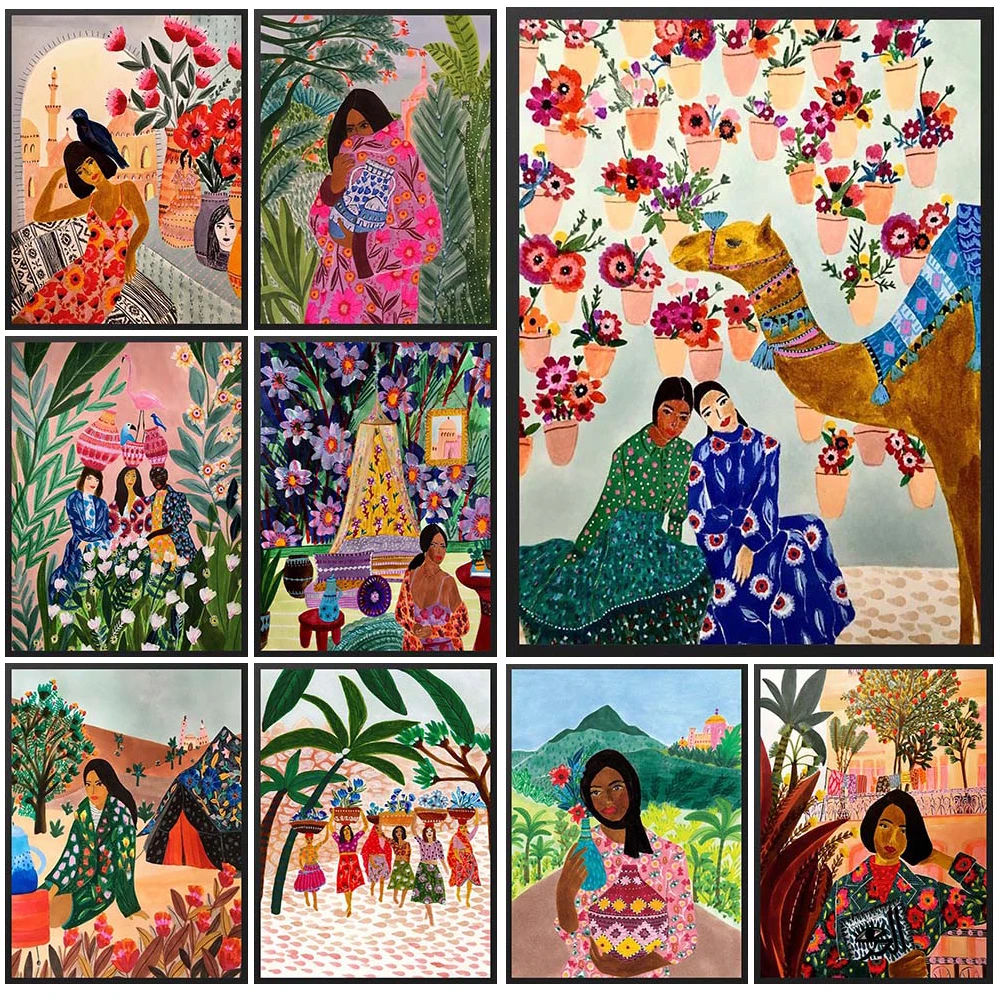 

Cartoon Black Girl Life Scenery Vacation Poster Wall Art Canvas Painting Home Decor Wall Pictures For Living Room Unframed