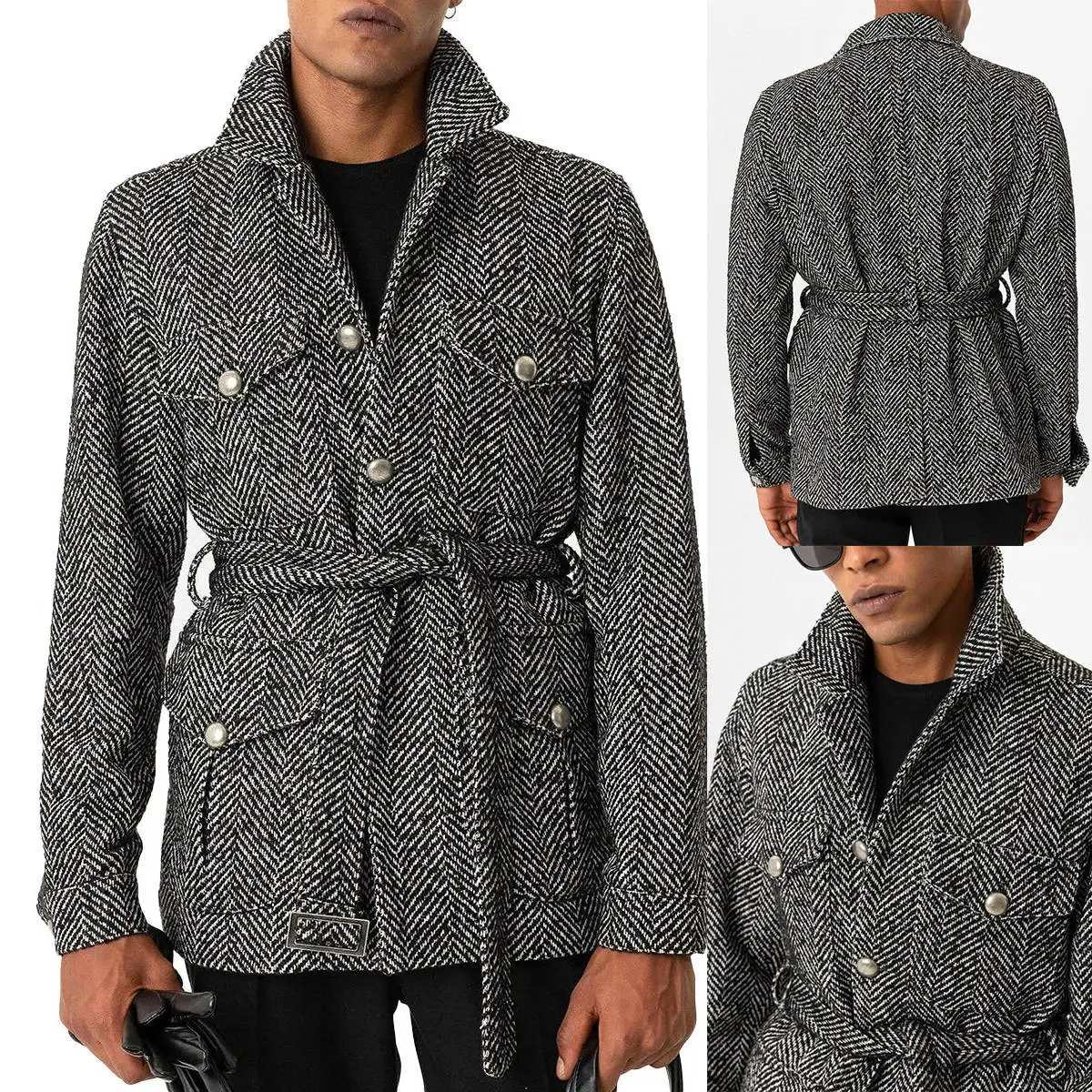 Herringbone Tweed Blazer Overcoat For Men Short Thick Trench Coat With Belt Plus Size Formal Casual Wear Winter Warm Jacket