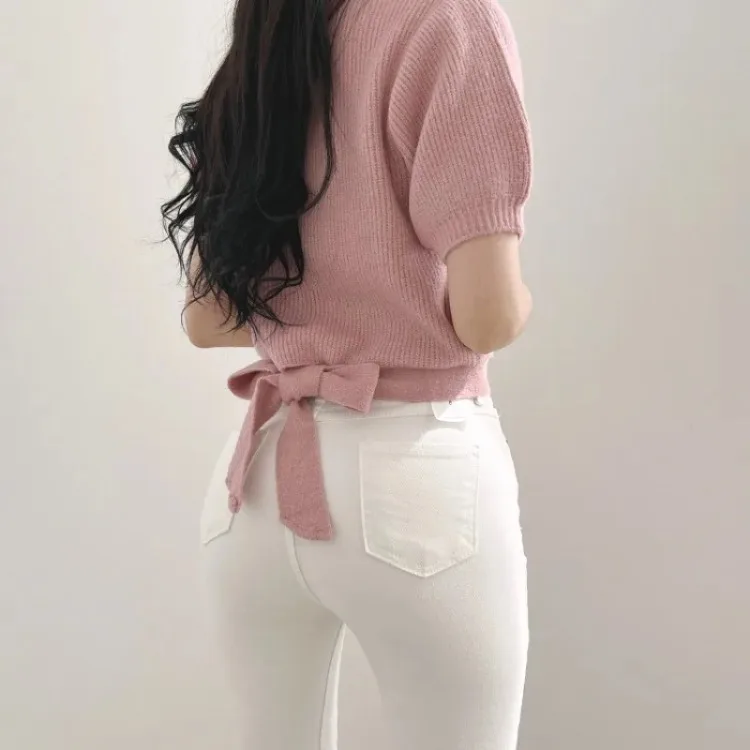 Thin O Neck Cropped Pink Sweaters Women Slim Short Sleeve Shirt Back Bow Bandage Tops Sueter Jumper Blouse Shirts Sweet