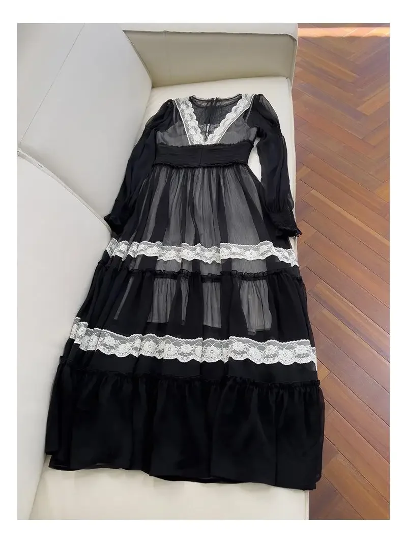 Robe de soirée longue en mousseline de soie à col rond pour femme, robe trapèze taille haute, dentelle socialite, manches lanterne, grand ourlet, français, élégant, rétro, printemps